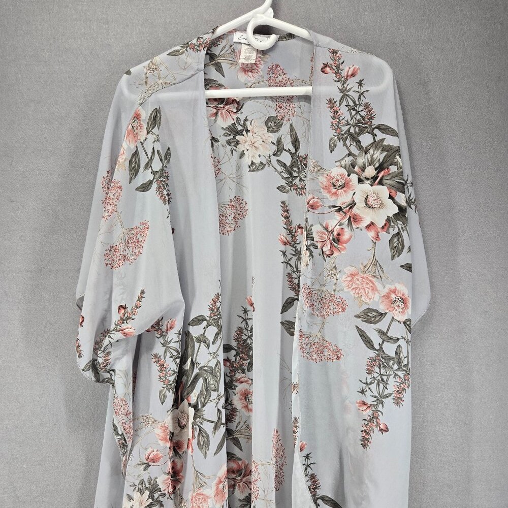 Emory Park Sheer Gray Floral Kimono/Cover Up, 2XL, Lightweight, Dressy